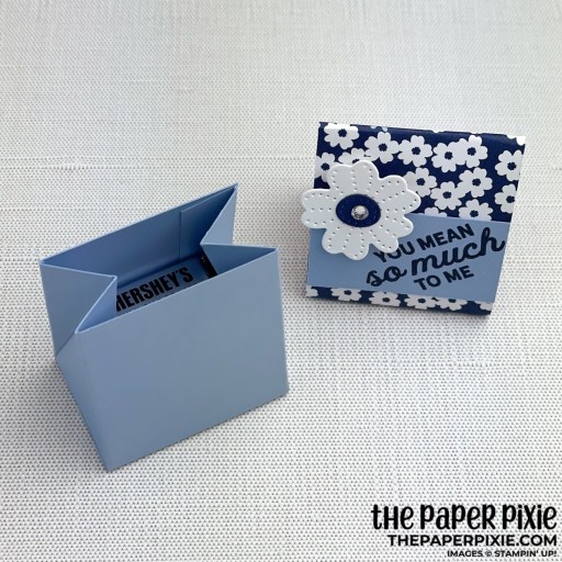 This is a handmade triangular Treat Box made with the In Bloom Stampin' Up! bundle and the sentiment says you mean so much to me.