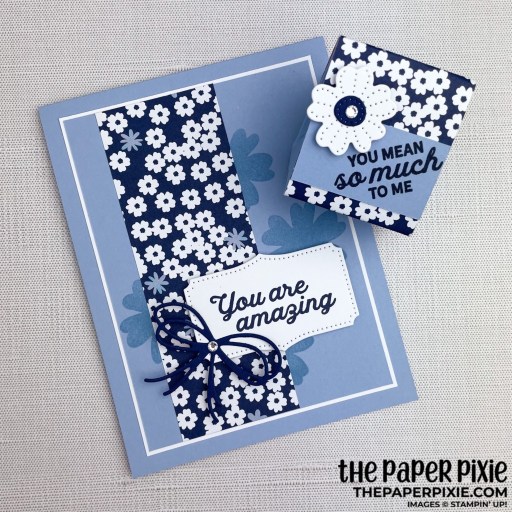 This is a handmade triangular Treat Box made with the In Bloom Stampin' Up! bundle and the sentiment says you mean so much to me.