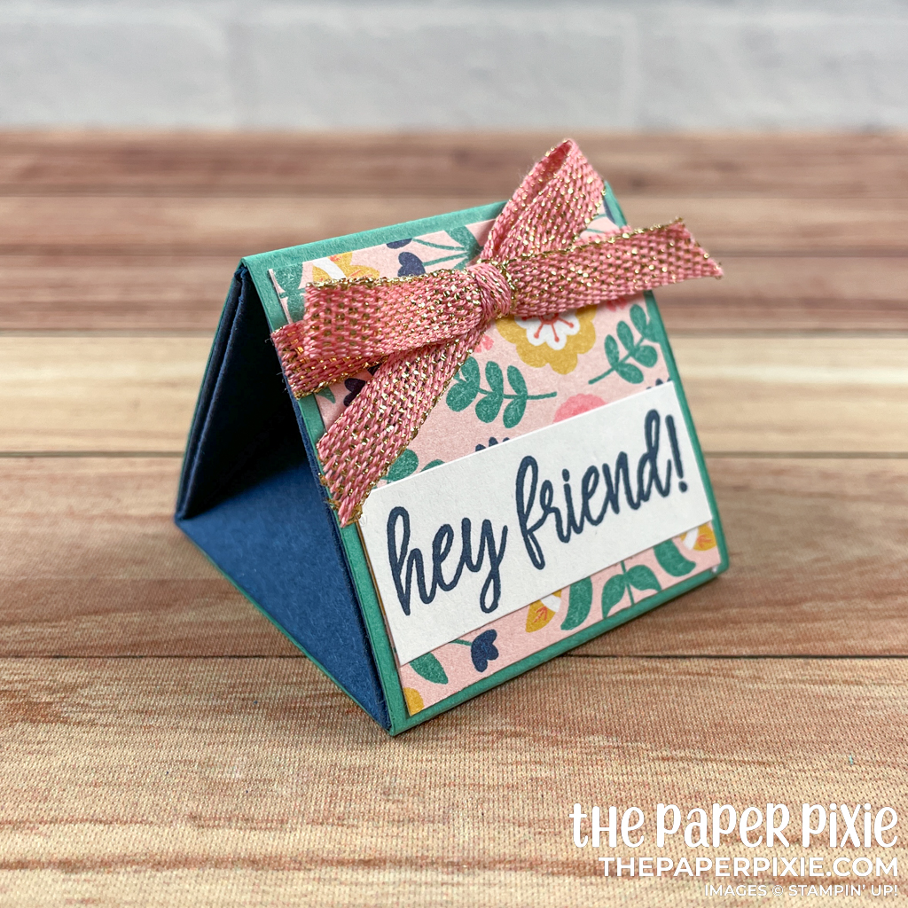 This is a handmade explosion box made with the Sweet Symmetry Stampin' Up! product suite and the sentiment says hey friend.