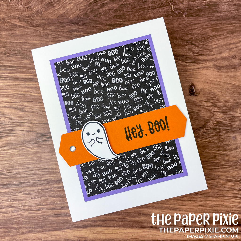 This is a handmade card made with the Cutest Halloween Stampin' Up! bundle and the sentiment says Hey, Boo!