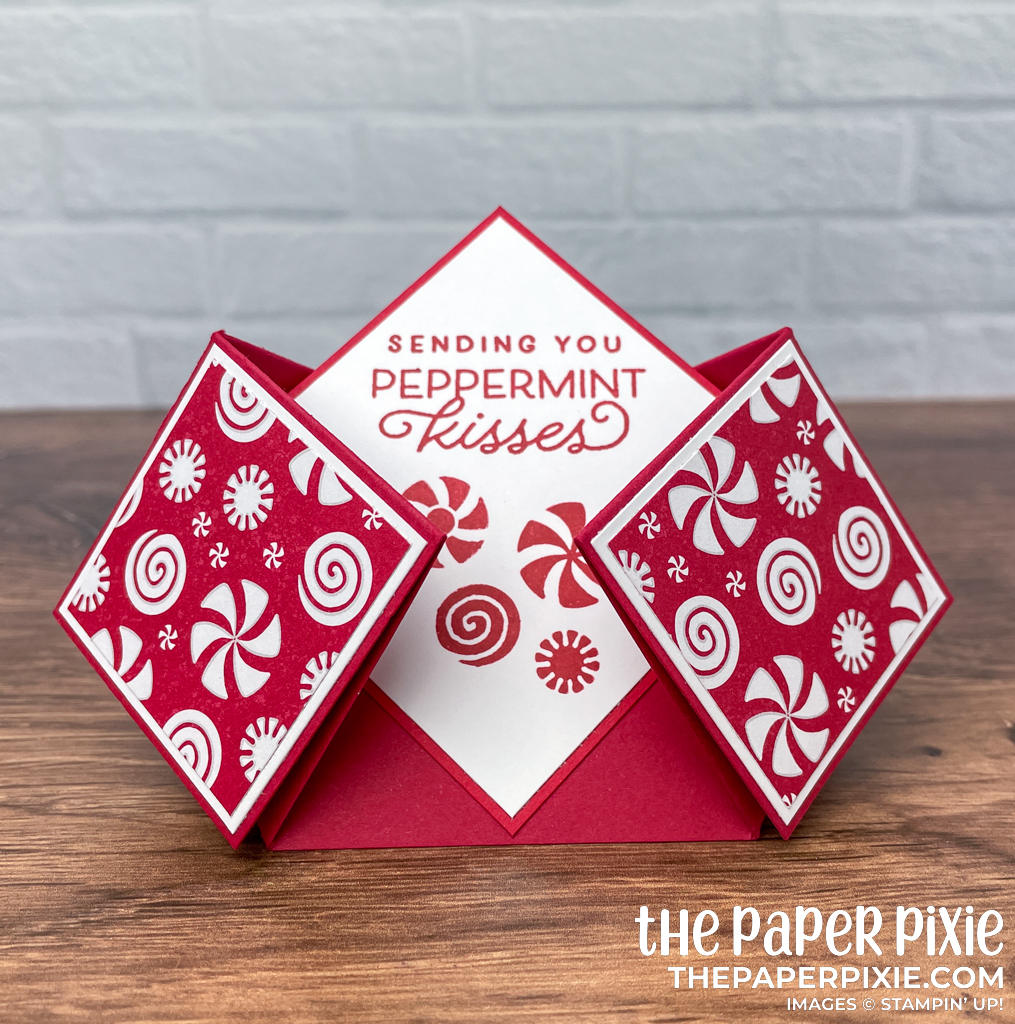 This is a double diamond fold card made with the Frosted Gingerbread Stampin' Up! stamp set and the sentiment says sending you peppermint kisses
