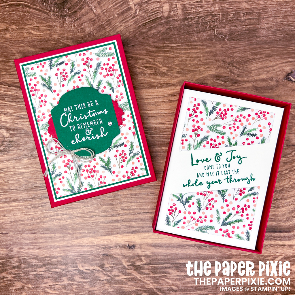 This is a note card gift box made with the Painted Christmas Stampin' Up! Suite sized to fit 10 note cards and envelopes and the sentiment says May this be a Christmas to remember & cherish