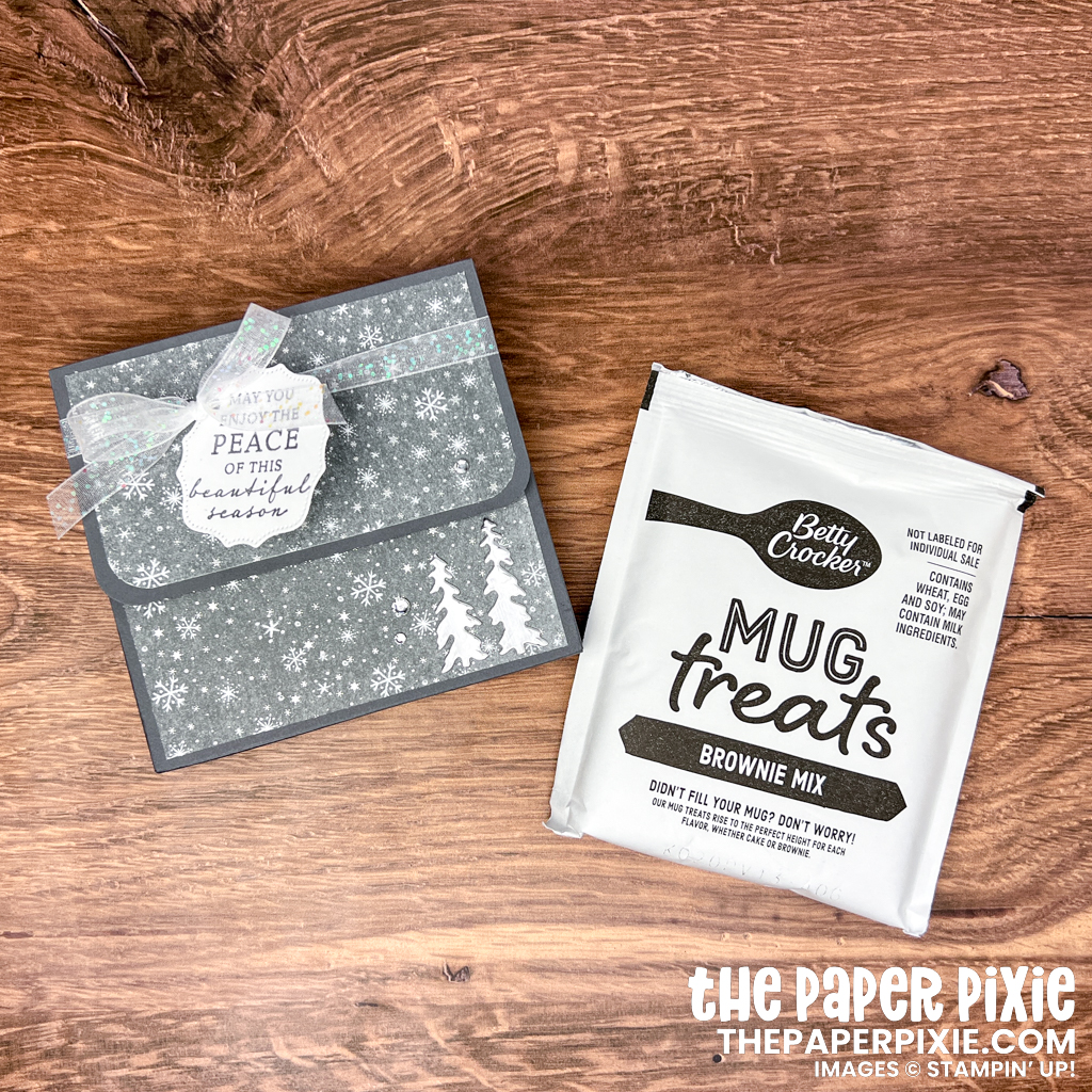 This is a Mug Cake gift box made with the Peaceful Place Stampin' Up! Suite sized to fit a Betty Crocker Mug Treat and the sentiment says May you enjoy the peace of this beautiful season