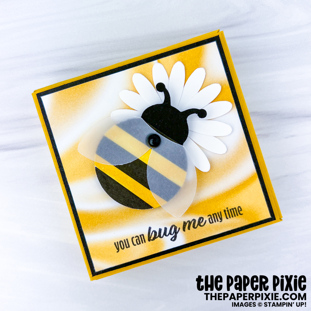 This is a Hello Ladybug Bumblebee Shadow Box made with the Hello Ladybug Stampin' Up! bundle and Simply Marbleous Designer Series Paper and the sentiment says You Can Bug Me Any Time