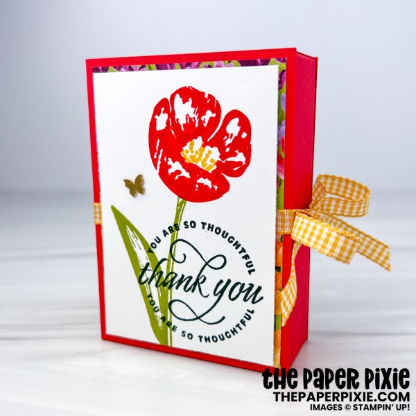 This is a PocketBac Shadow Box with a book cover made with the Flowering Tulips Stampin' Up! stamp set and Flowering Fields Designer Series Paper and the sentiment says Thank You You are So Thoughtful