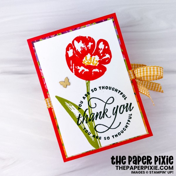 This is a PocketBac Shadow Box with a book cover made with the Flowering Tulips Stampin' Up! stamp set and Flowering Fields Designer Series Paper and the sentiment says Thank You You are So Thoughtful