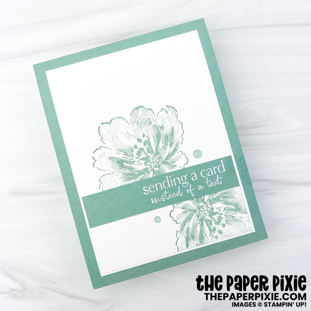 This is a Flowing Flowers Just Because card in Soft Succulent made with the Flowing Flowers Stampin' Up! stamp set and the sentiment says Sending a card instead of a text