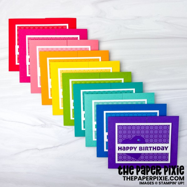 This is a rainbow set of Slim Sayings Gate Fold birthday cards made with the Slim Sayings Stampin' Up! stamp set and the sentiment says Happy Birthday