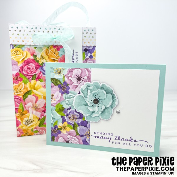 This is an A2 Card Gift Bag with coordinating card made with the Happiness Abounds Stampin' Up! bundle and Hues of Happiness Designer Series Paper and the sentiment says Sending many thanks for all you do