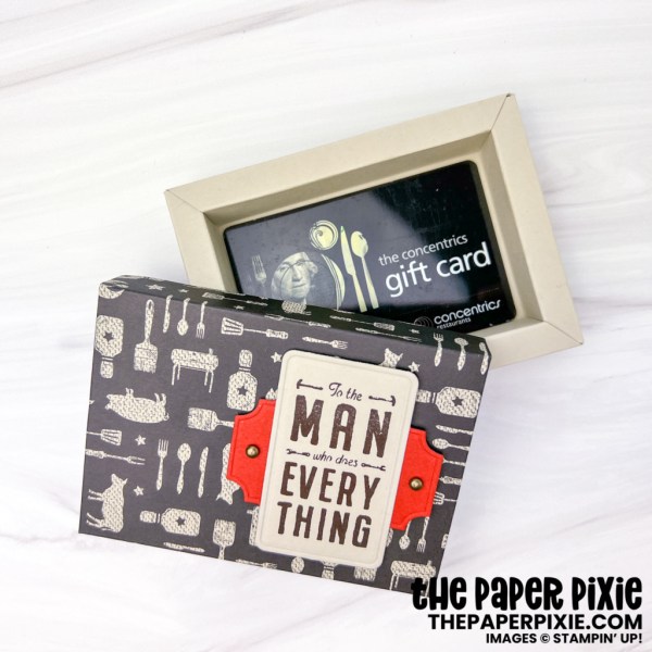 This is a He’s the Man gift card shadow box made with the He’s All That Stampin' Up! bundle and He’s the Man Designer Series Paper and the sentiment says To the man who does everything