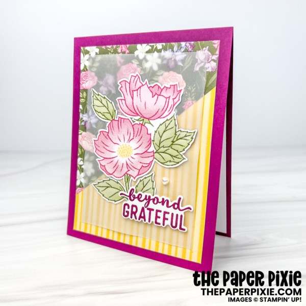 This is a Thank You card featuring the Charming Sentiments Stampin’ Up! Bundle and Wonderful World Designer Series Paper and the sentiment says Beyond Grateful