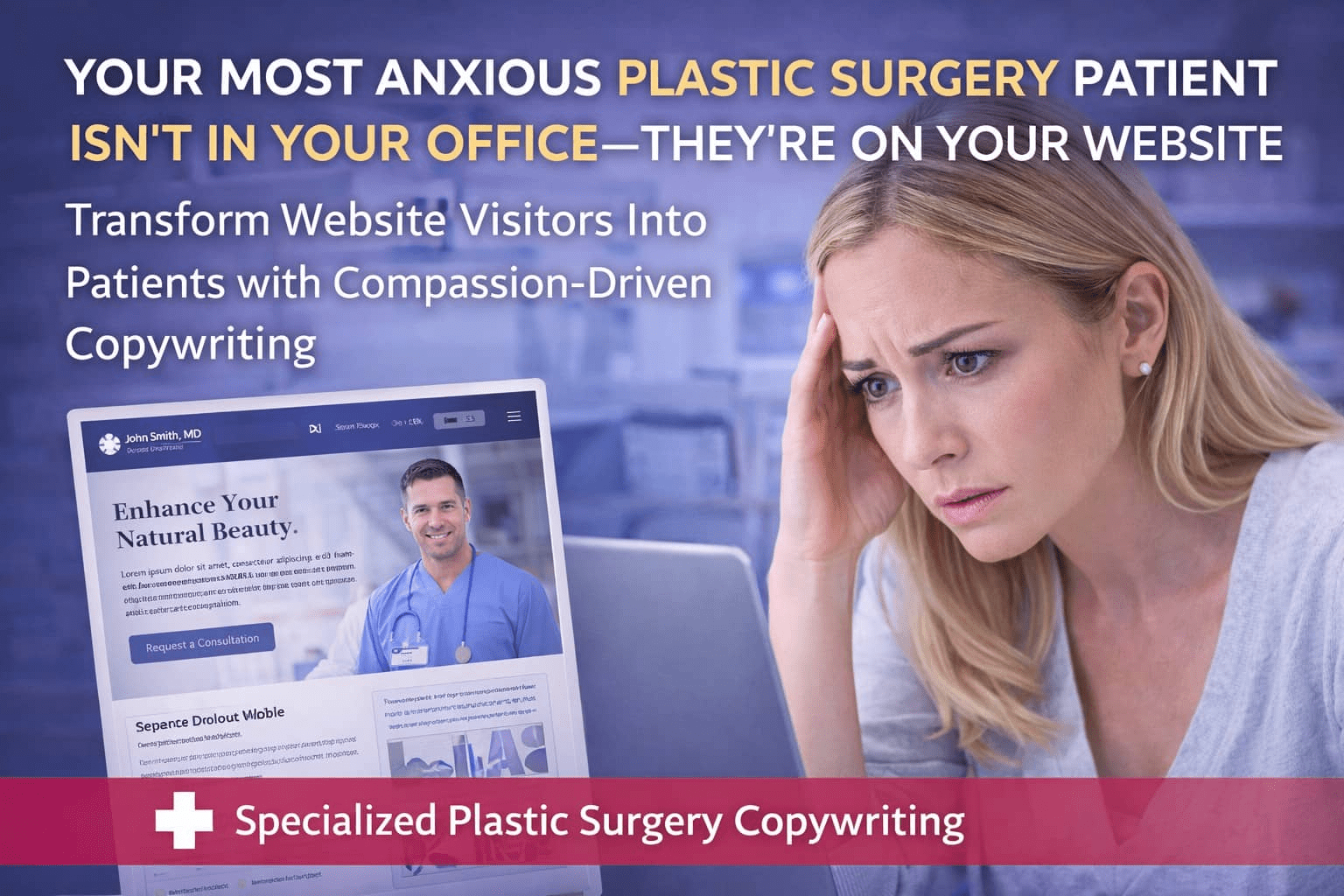 Anxious woman reviewing a plastic surgery website on her laptop while researching procedures and considering booking a consultation.