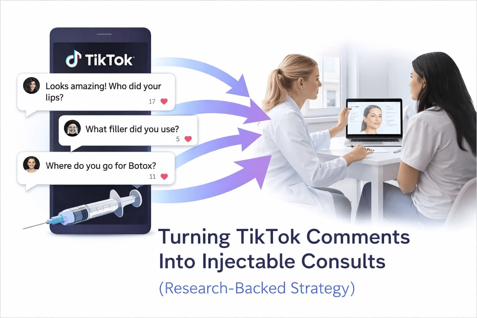 Illustration showing TikTok comments about injectables flowing into an aesthetic consultation with an injector reviewing facial analysis on a screen.