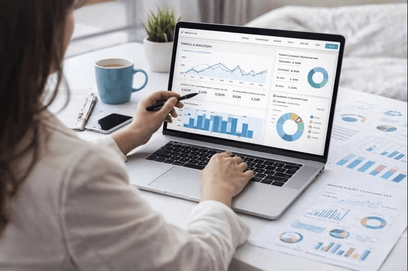 Medical aesthetics copywriter reviewing marketing analytics and website performance data on a laptop in a modern office.