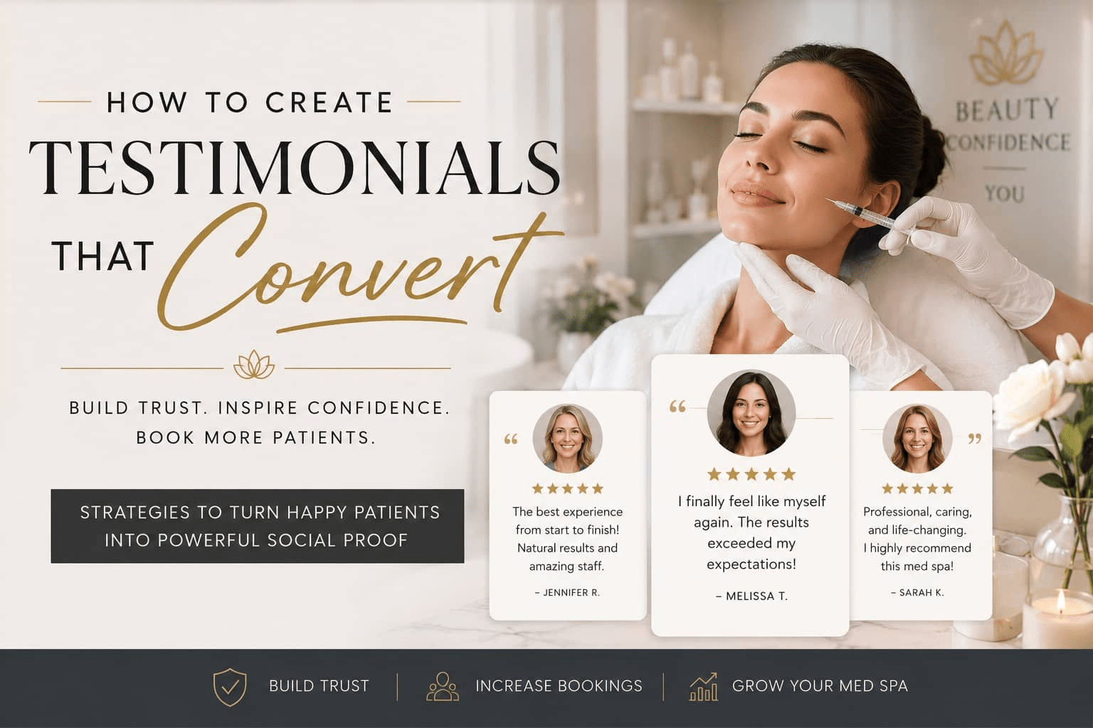 Luxury Med Spa marketing graphic showing patient testimonials, aesthetic treatment experience, and strategies for creating testimonials that convert more patients.