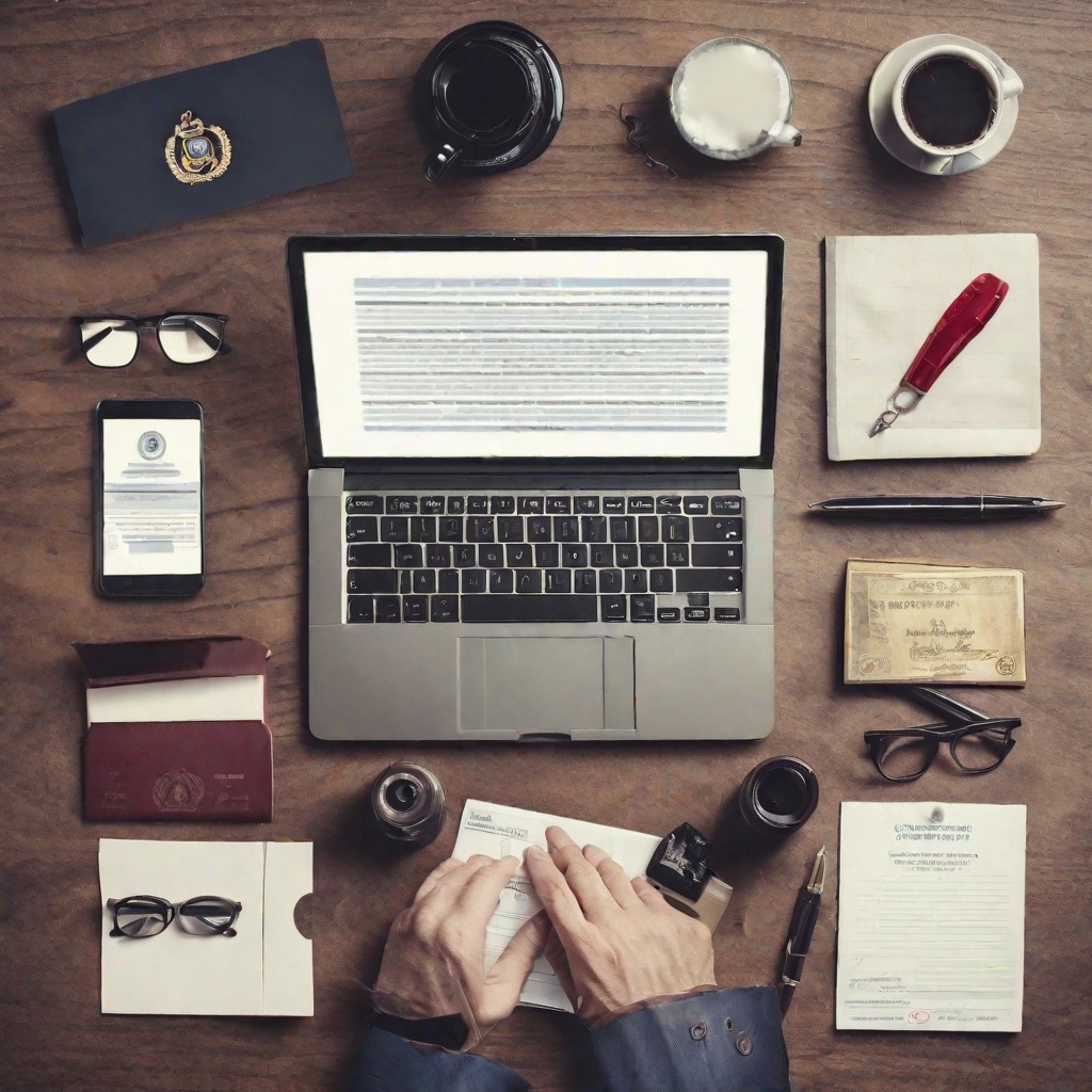 A person is writing on a laptop with many items around it.