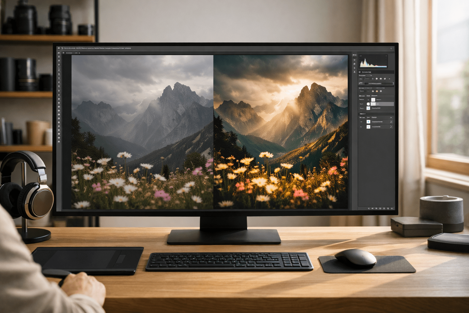 Professional landscape photo editing before and after golden hour mountain scene by ThePixelEdit