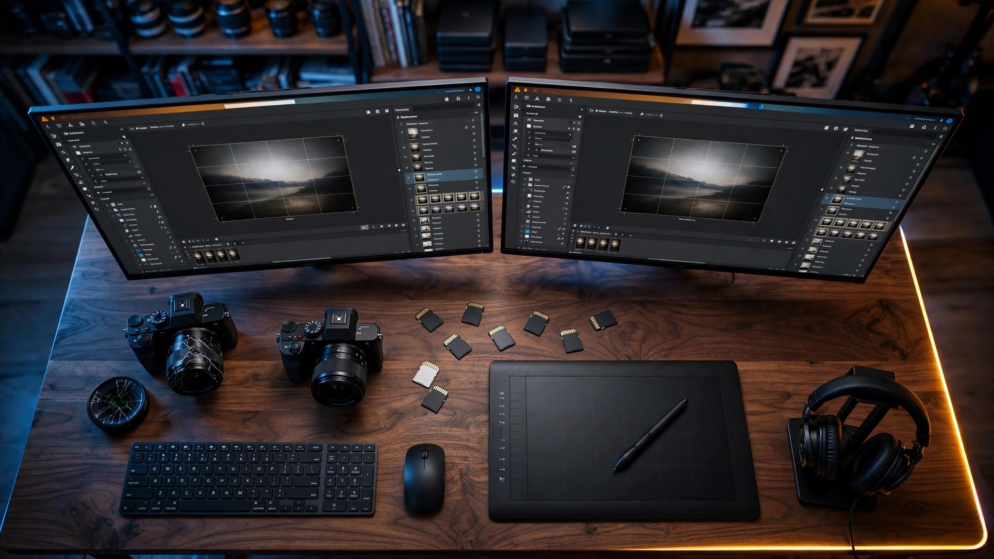 Top-down flat lay of photography studio workstation with dual ultrawide monitors showing editing software with crisis alert overlays, a cracked lens camera beside a pristine backup camera, SD cards and graphics tablet on dark walnut desk