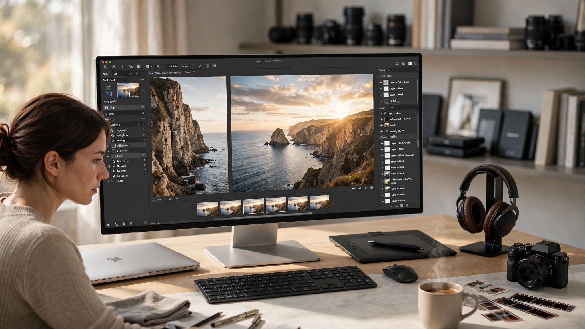Professional retoucher editing portrait and landscape photos on large monitor to deliver client galleries faster