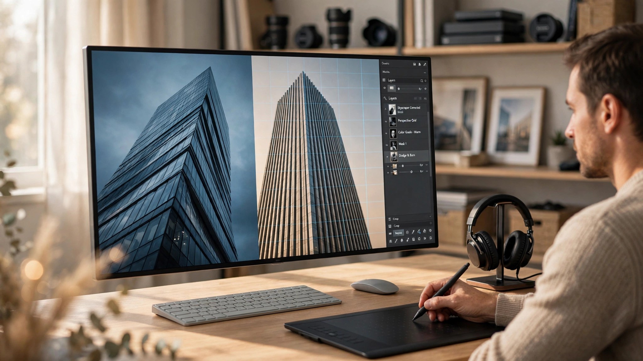 Before and after fixing perspective distortion in architectural photography - glass skyscraper with converging verticals straightened to perfect verticals on editing monitor