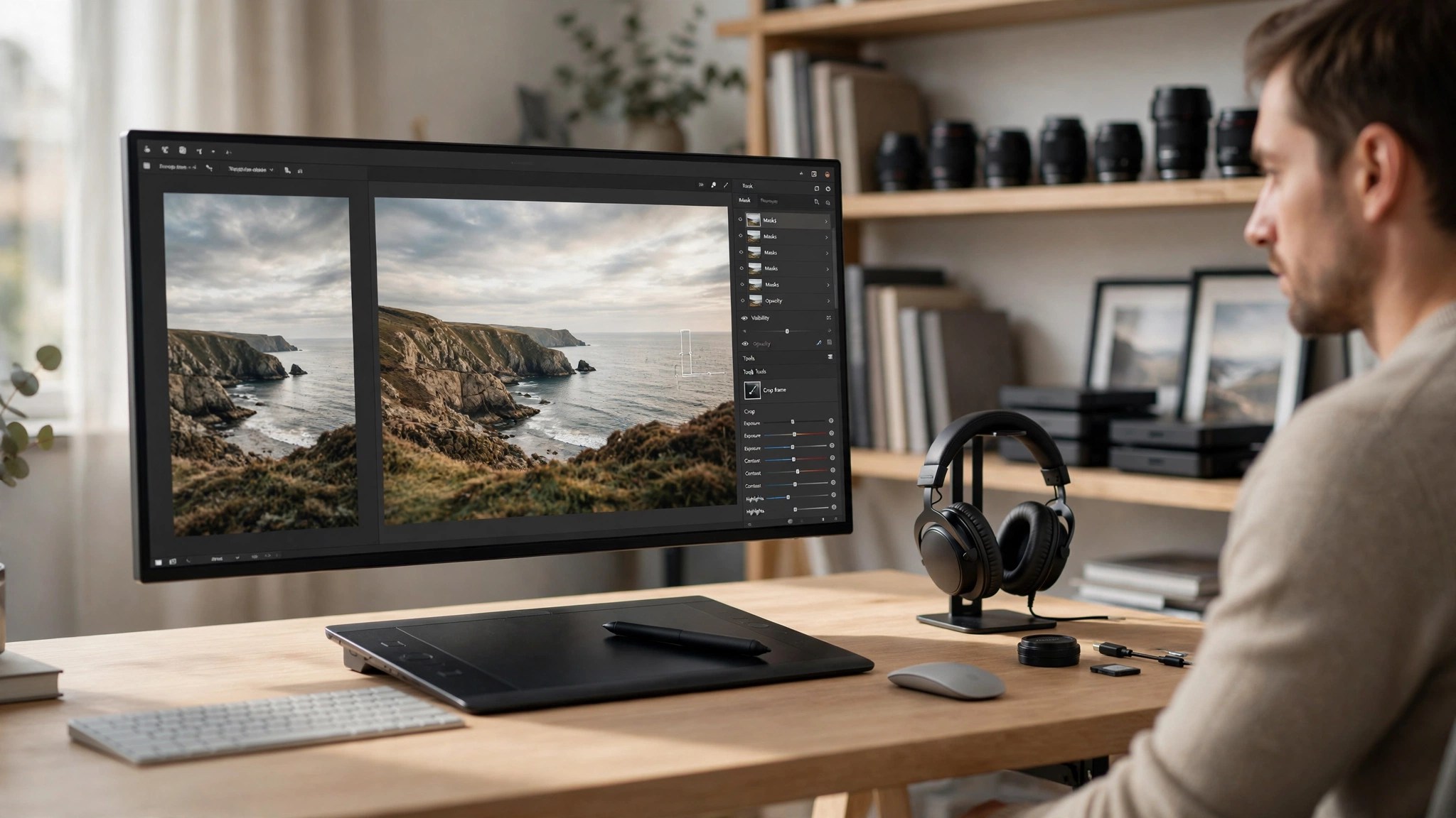Professional photo editor reviewing portrait vs landscape orientation comparison on large monitor in modern light oak studio workspace at ThePixelEdit