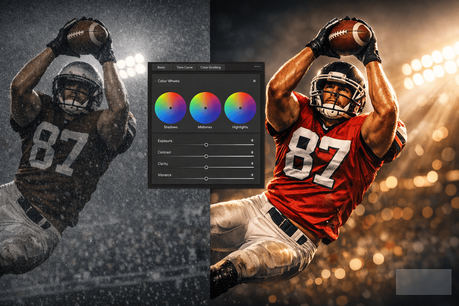 Before and after sports photo editing - football player color grading with shadows midtones highlights