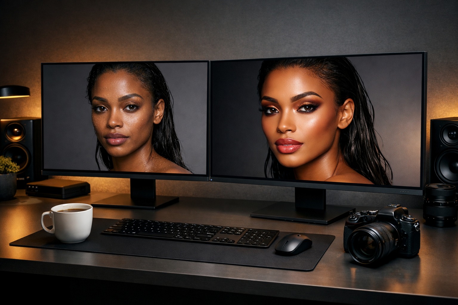Before and after high-end portrait retouching displayed on dual monitors in a professional photo editing studio