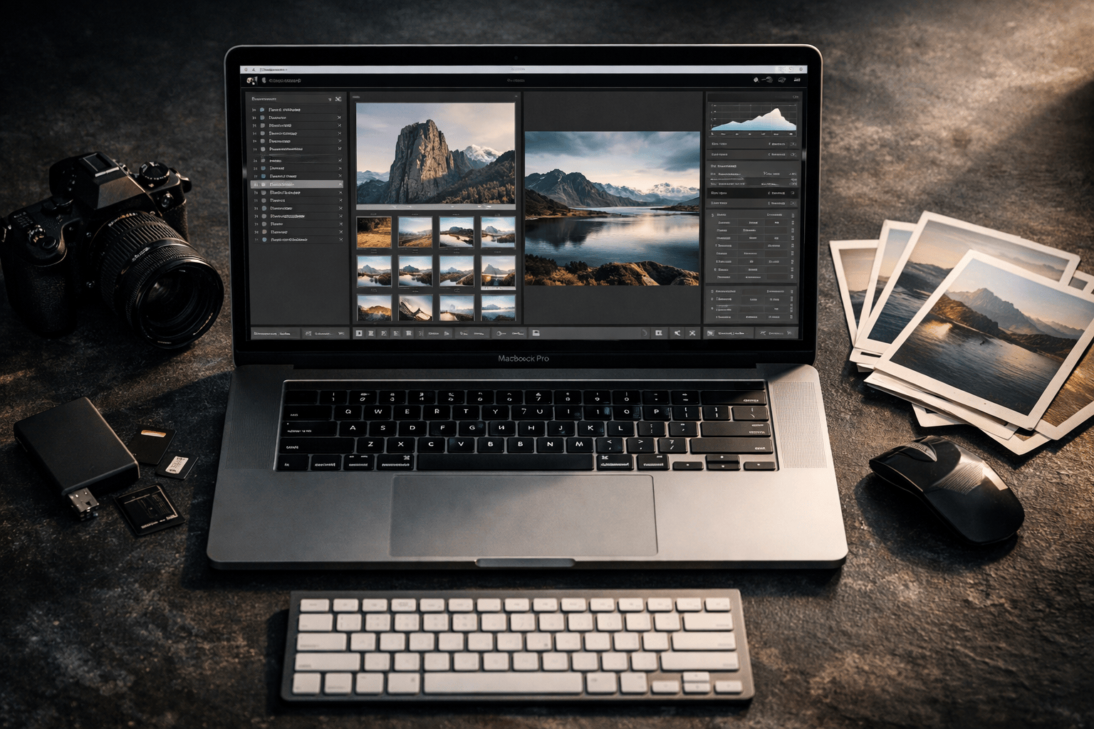Photographer workspace with laptop editing photos, camera and prints illustrating photo file naming conventions