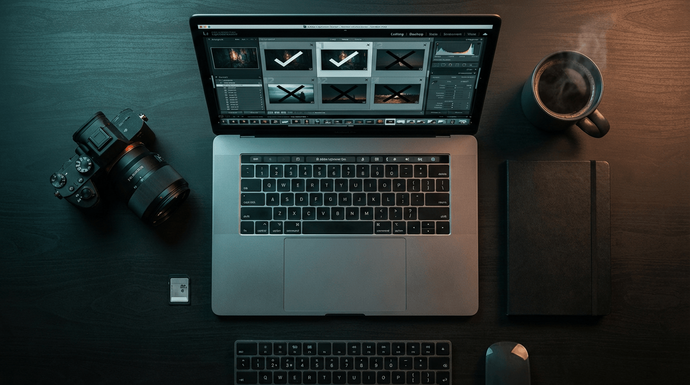 Photographer using efficient photo culling strategy to select and reject RAW images on laptop during workflow