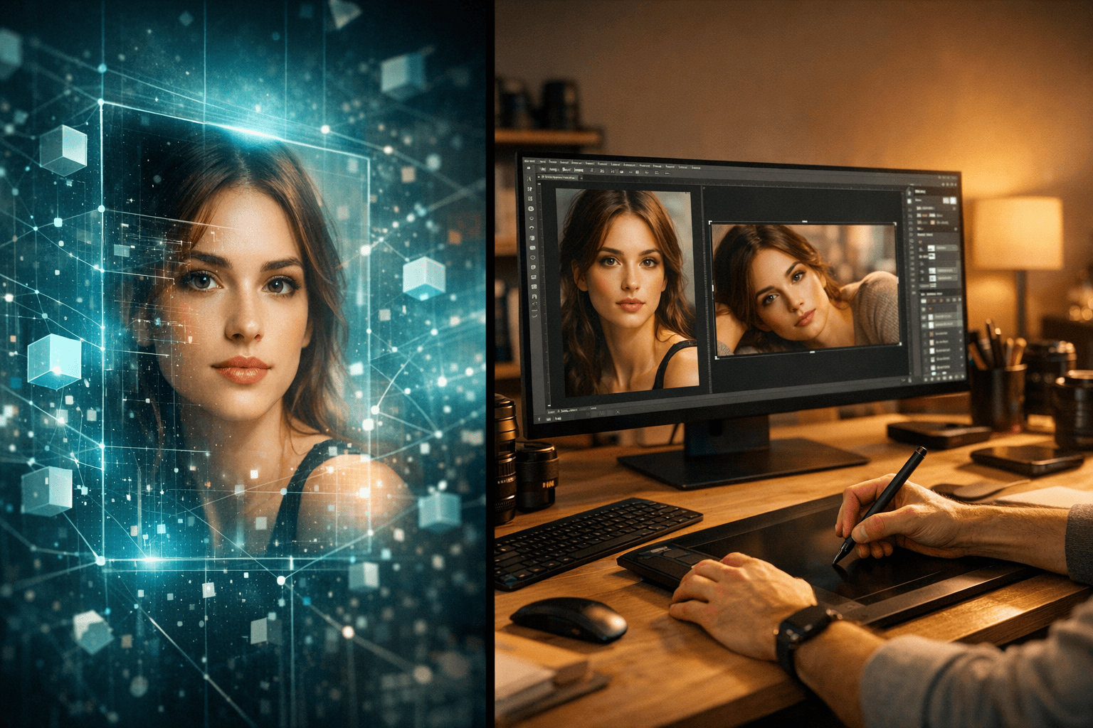 AI photo retouching vs human expertise comparison showing AI analysis and manual portrait editing on screen