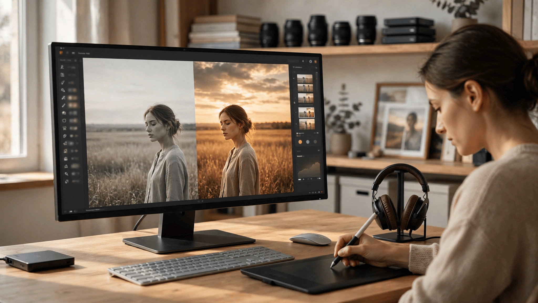 Before and after photo editing comparison showing RAW vs edited portrait in Lightroom workspace