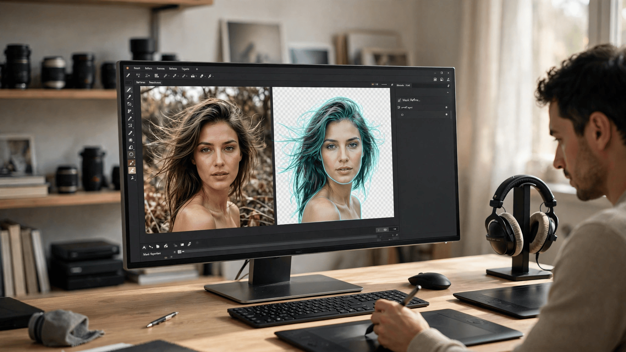 Advanced image masking for complex backgrounds - precise hair cutout demo in Photoshop workspace