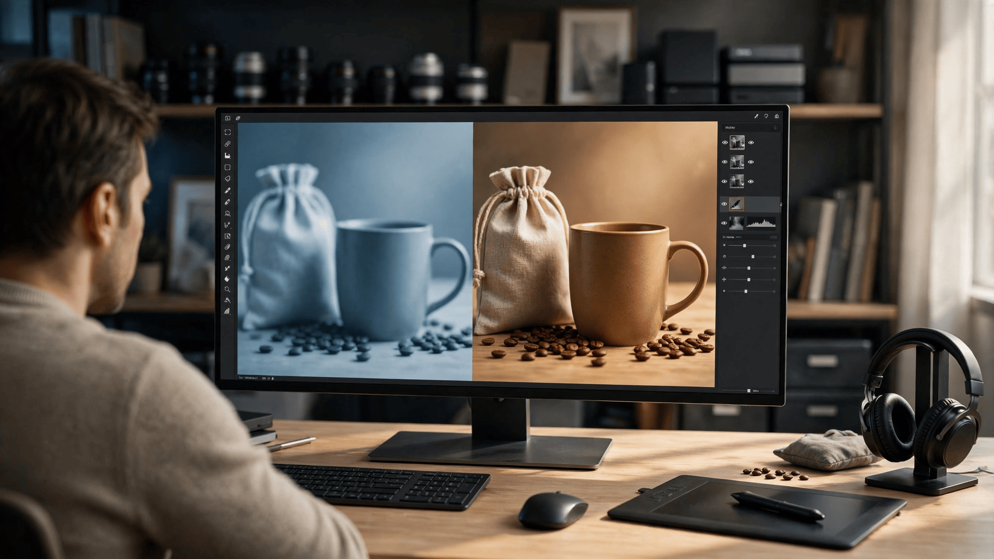 Split-screen comparison showing cheap photo editing vs professional photo editing results on studio monitor