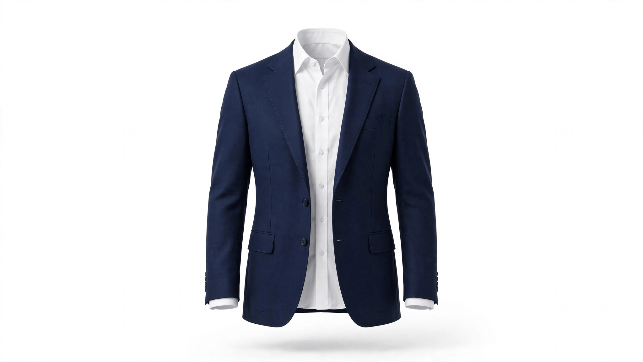 Men's navy blue blazer with white dress shirt in ghost mannequin 3D style for USA e-commerce