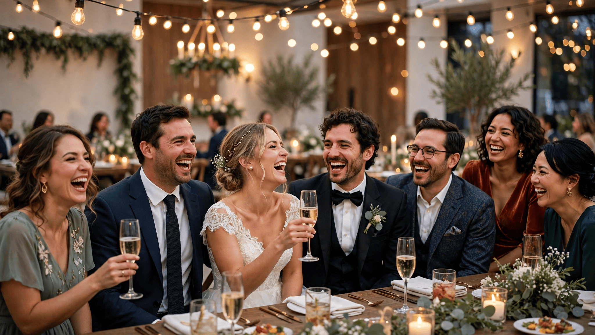Wedding party and guests laughing during candid humorous toast at elegant reception with string lights