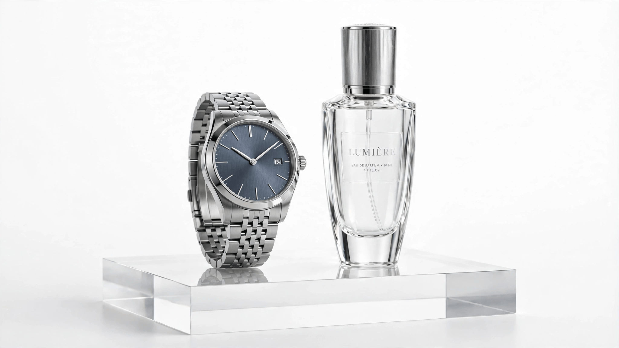 Luxury wristwatch and glass perfume bottle on acrylic riser with soft diffused lighting for reflective product photography