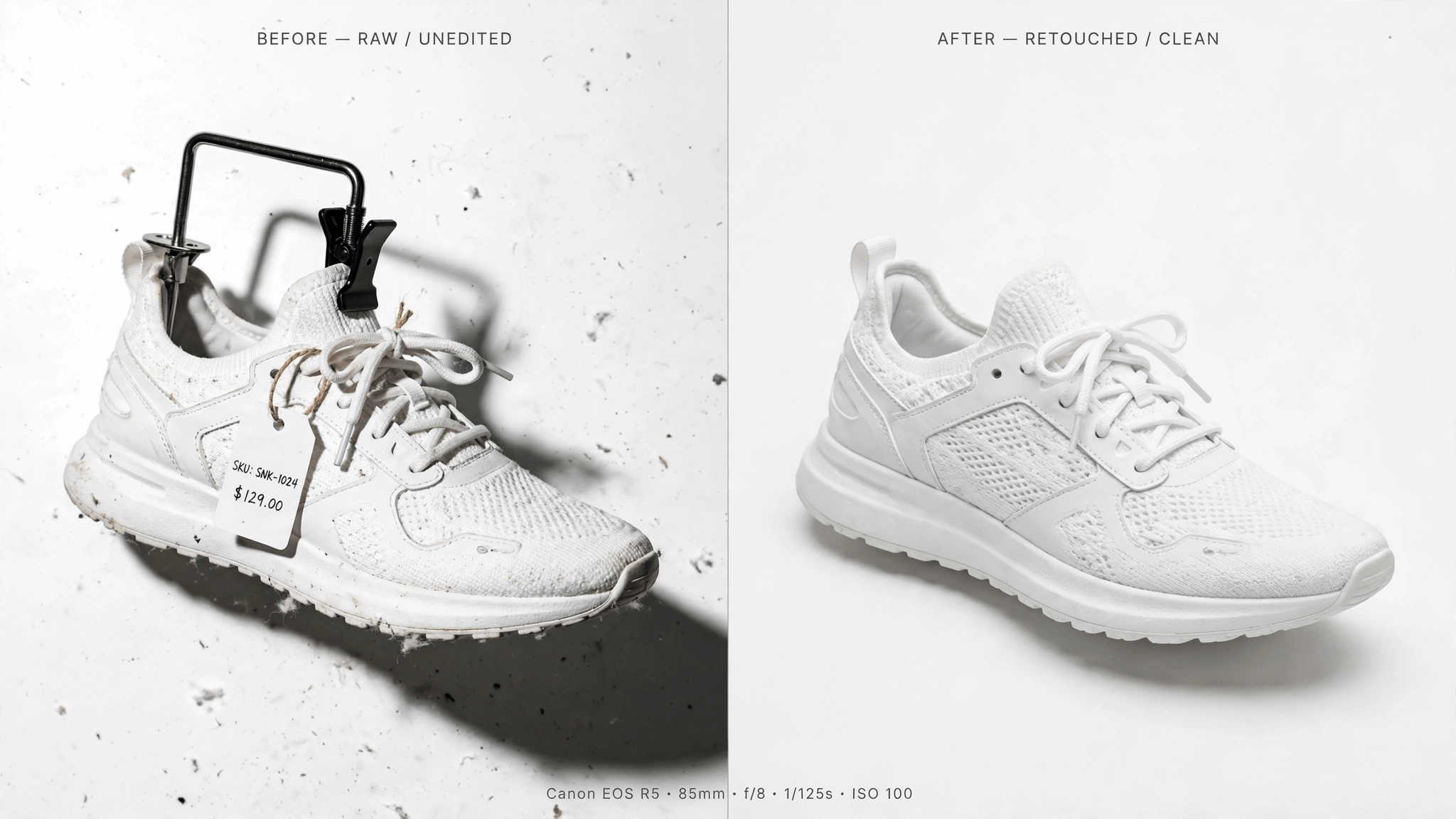 Object removal photo editing before and after - raw sneaker with clamp, tag and dust removed for clean product photo