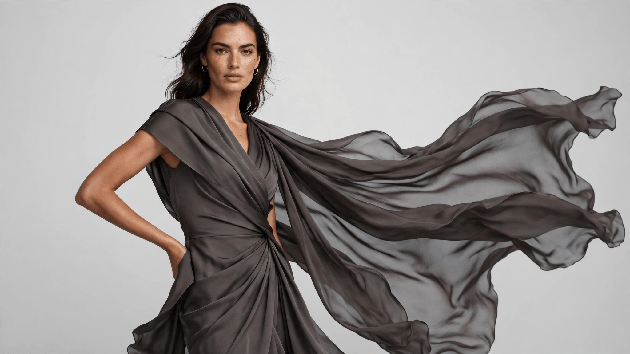 Professional female model poses in high-fashion studio shoot with expert retouching