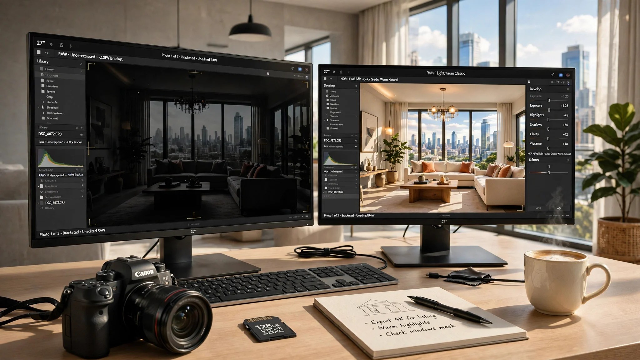Professional real estate photo editors comparing dark RAW bracket vs vibrant HDR living room on dual monitors