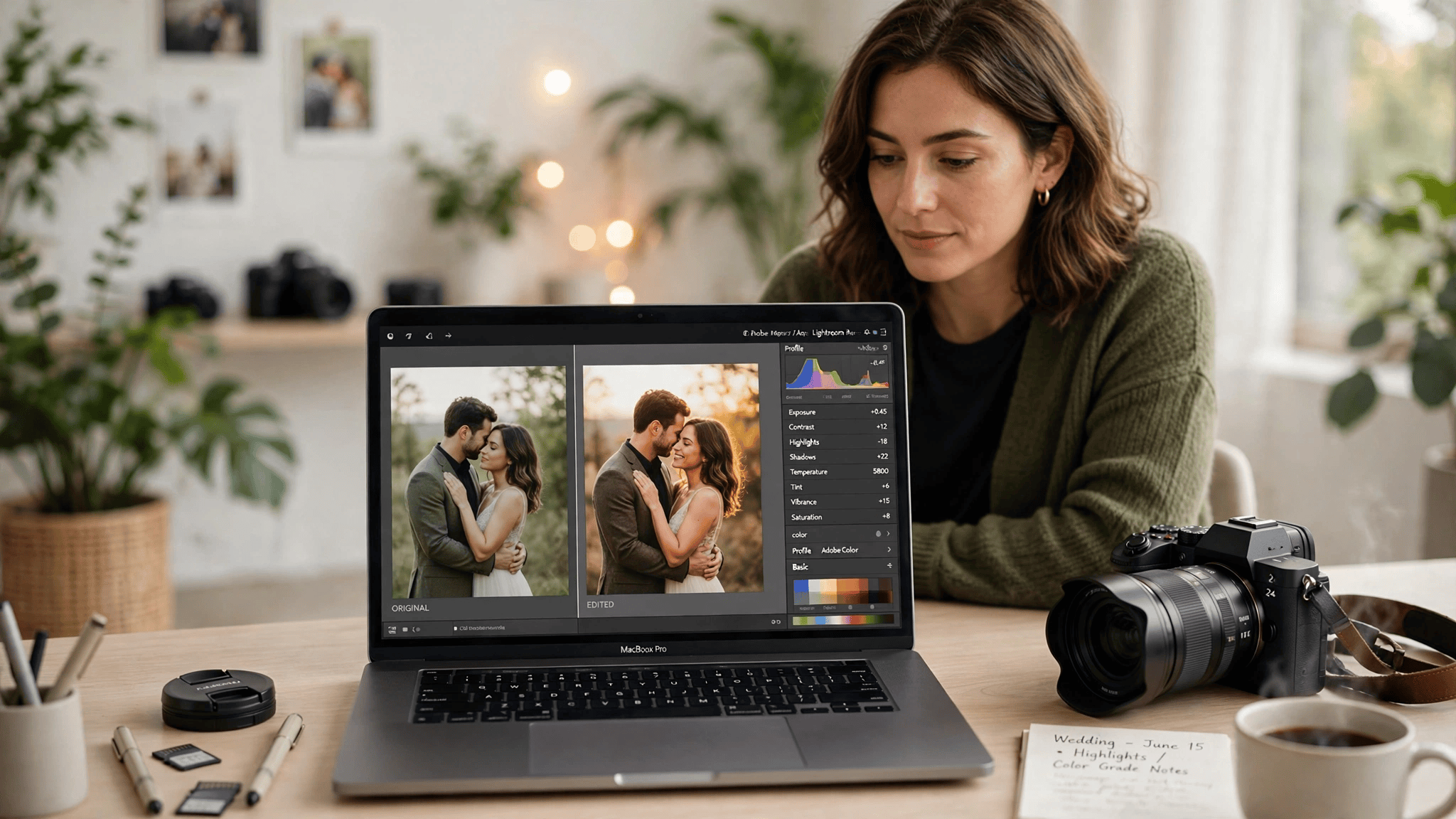 Professional wedding photo retouching expert editing a romantic couple portrait on laptop in bright studio