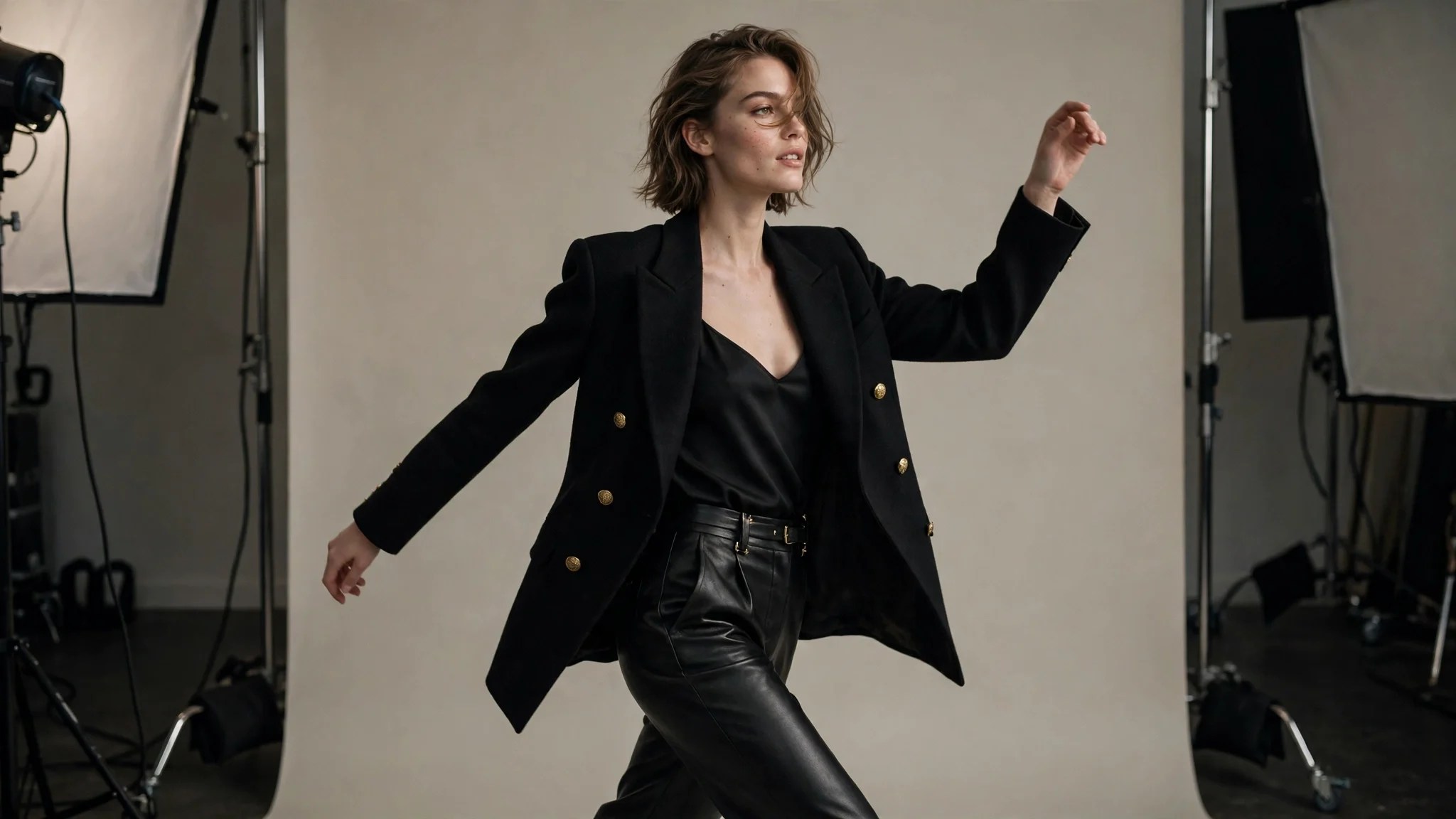 Professional female model poses in a confident dynamic pose during high-end fashion studio shoot