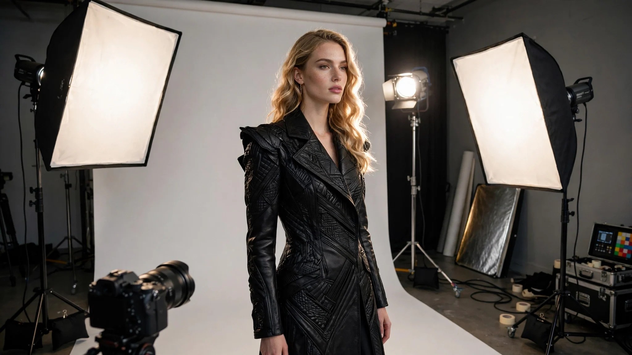 Professional female model poses in studio editorial shoot with softbox lighting and black fashion outfit
