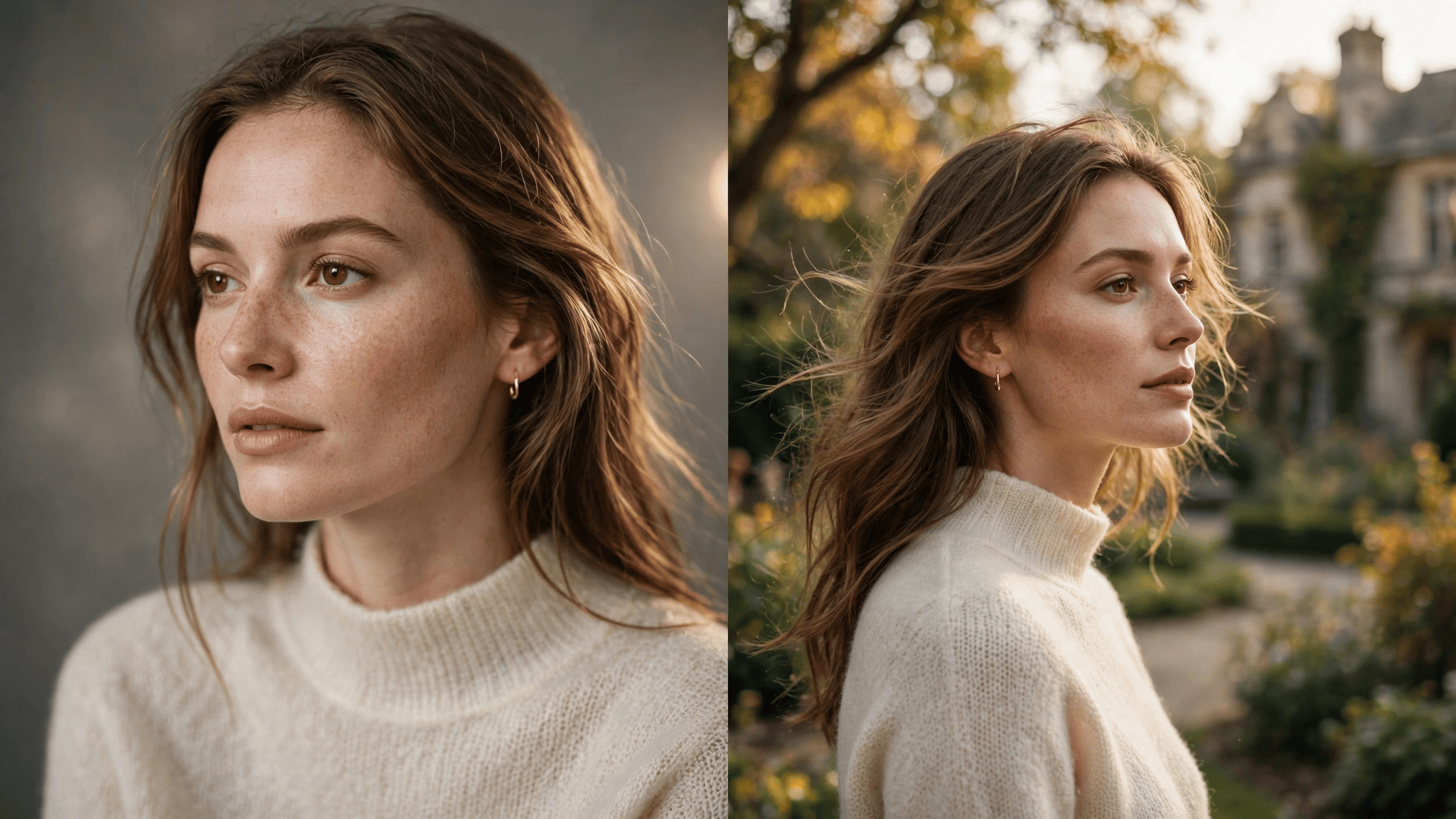 Portrait vs landscape photo orientation comparison showing studio portrait and outdoor landscape portrait of same model