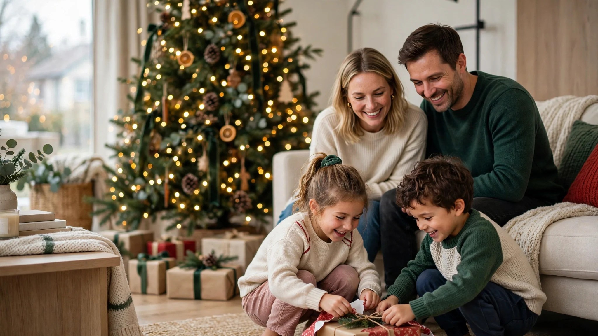 Family of four opening Christmas presents by a decorated tree - creative Christmas photo ideas for families