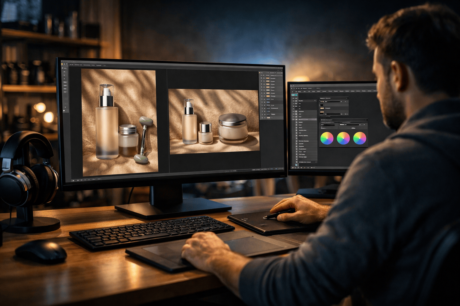 Professional retoucher editing high-volume commercial beauty product photos on dual monitors in dark studio