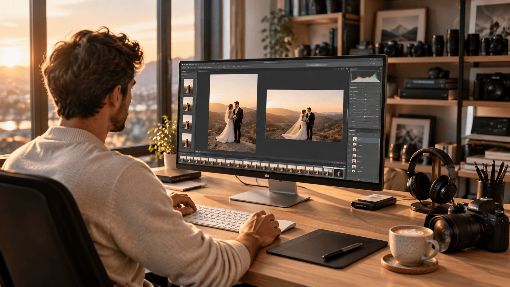 Professional photographer editing a client wedding gallery on Lightroom in a modern luxury studio workspace.