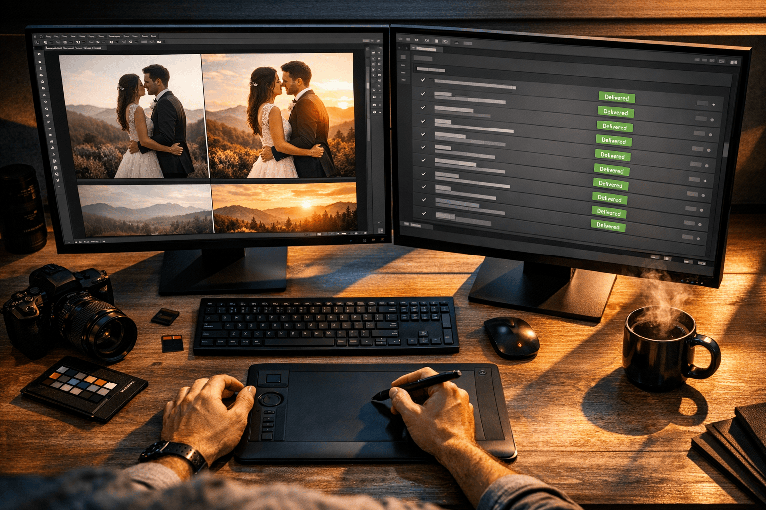 Photographer editing wedding photos on dual monitors with delivered status to meet deadlines via outsourcing