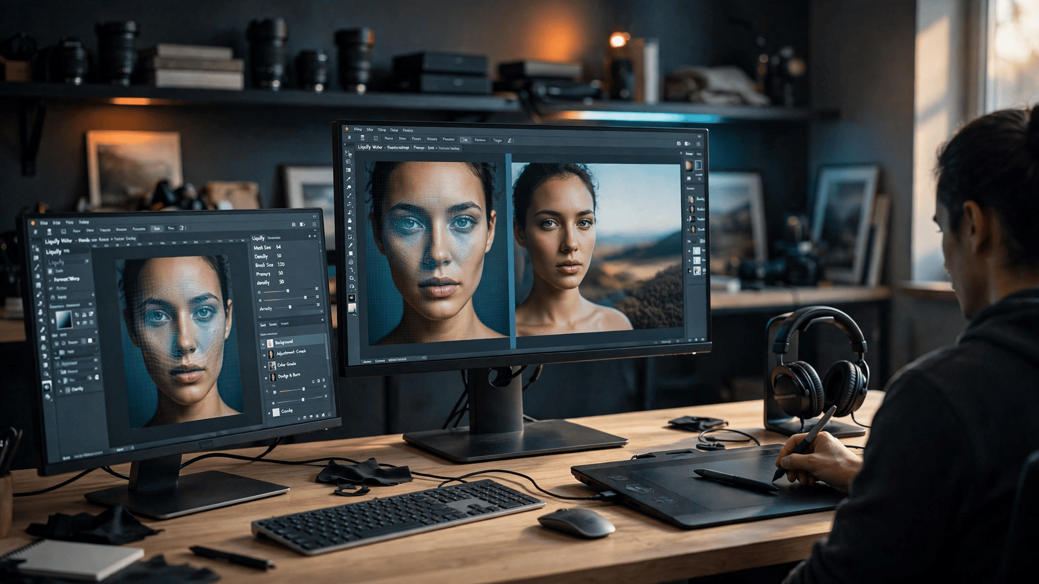 Professional retoucher using Photoshop Liquify tool for subtle body shaping on dual monitor studio setup
