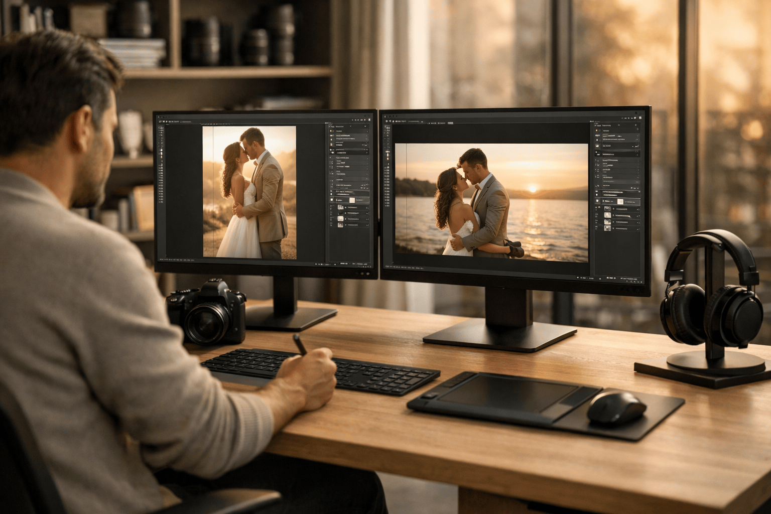 Photographer scaling USA business with strategic delegation editing wedding photos on dual monitors at workspace