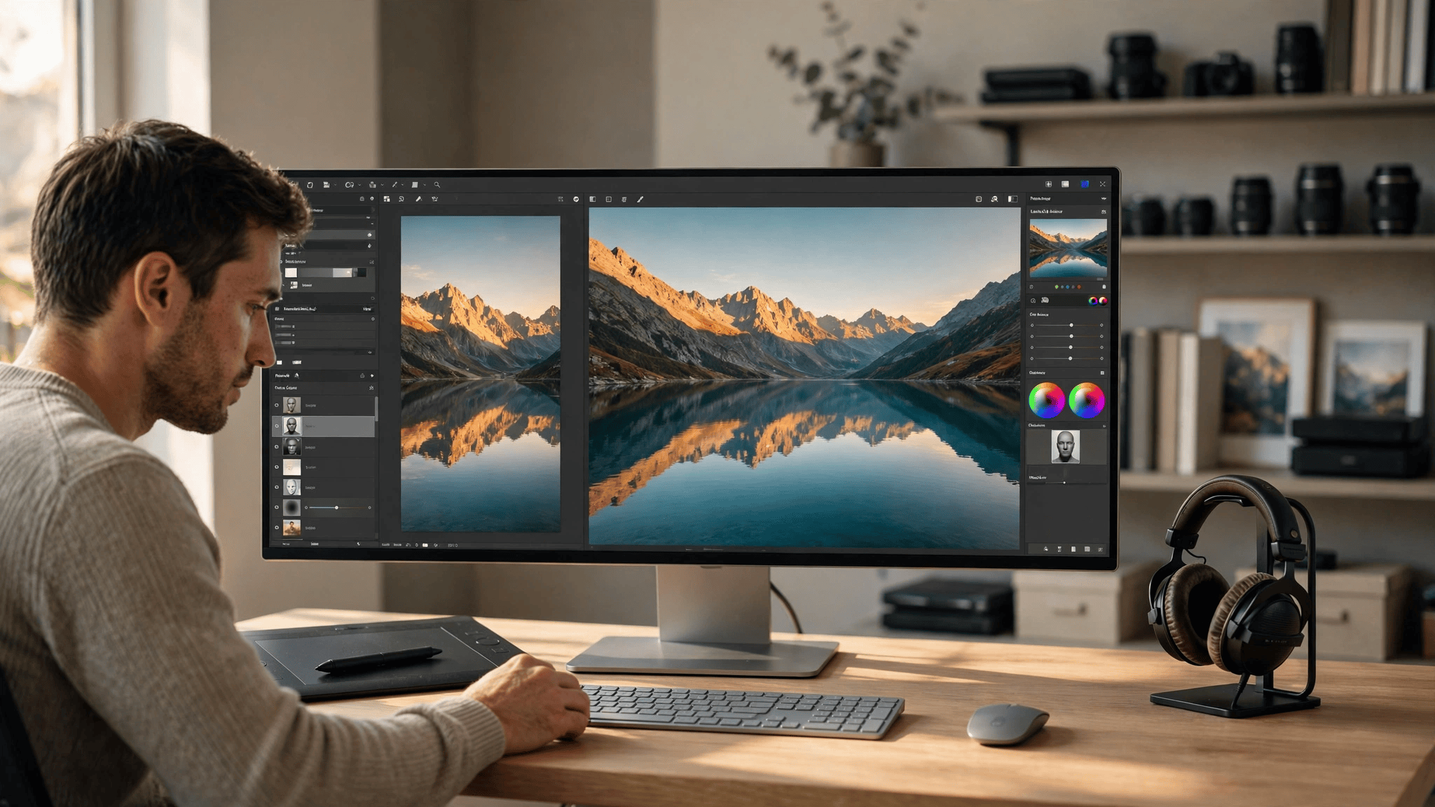 Seamless panoramas photo editing workflow on ultra-wide monitor with golden-hour mountain lake panorama